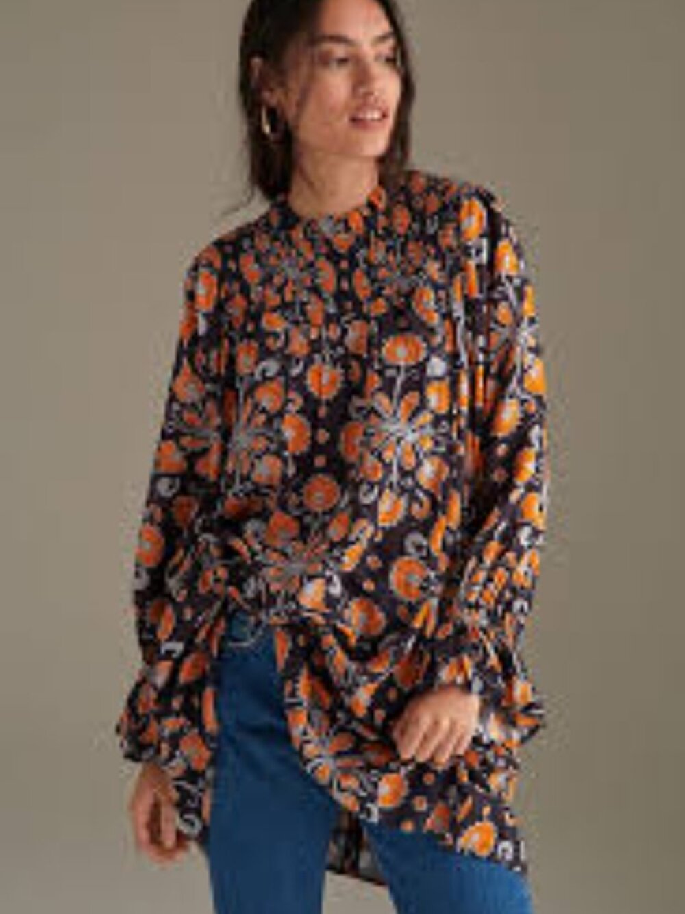 Anthropologie Porridge Darien Tunic‎ Mini Dress Grey Blue Orange Smocked Size S